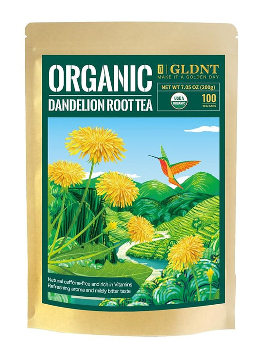 GLDNT Organic Dandelion Root Tea Bags, Premium Organic Raw Dandelion Root Tea, Smooth Taste, Caffeine Free, 100 Count