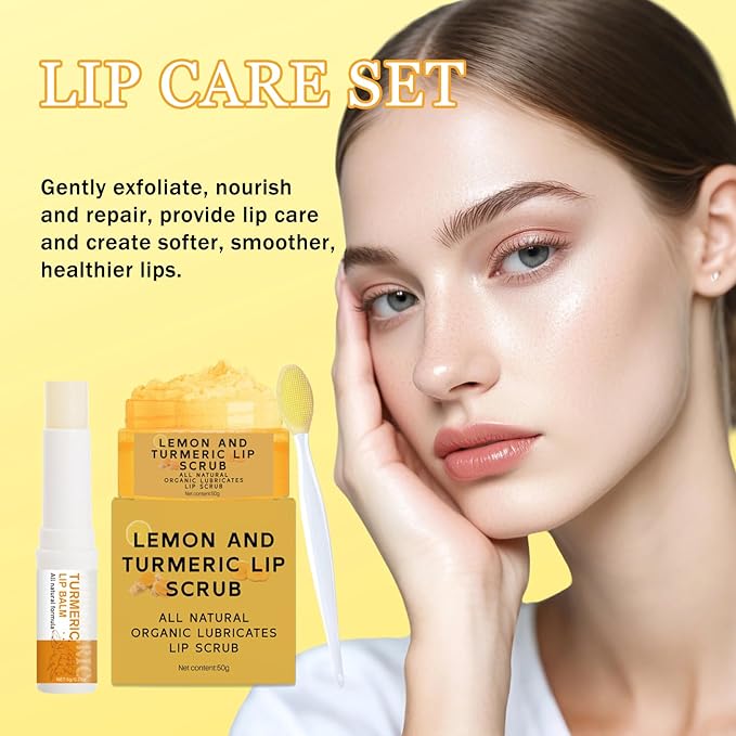 3PCS Lemon and Turmeric Lip Scrub & Turmeric Lip Balm with Brush Set, Lip Scrubber Exfoliator, Natural Nourish Sugar Lip Scrub for Dry, Chapped, Dull, Dark Lips, Reduce Fine Lines