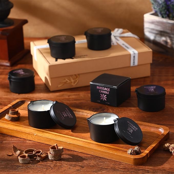 Nuanchu 6 Pcs Massage Oil Candle, 2.35 oz Ignite Low Temp Scented Body Oil Candles for Massage Therapy Soy Based Christmas Home Gift Spa Use 6 Scent