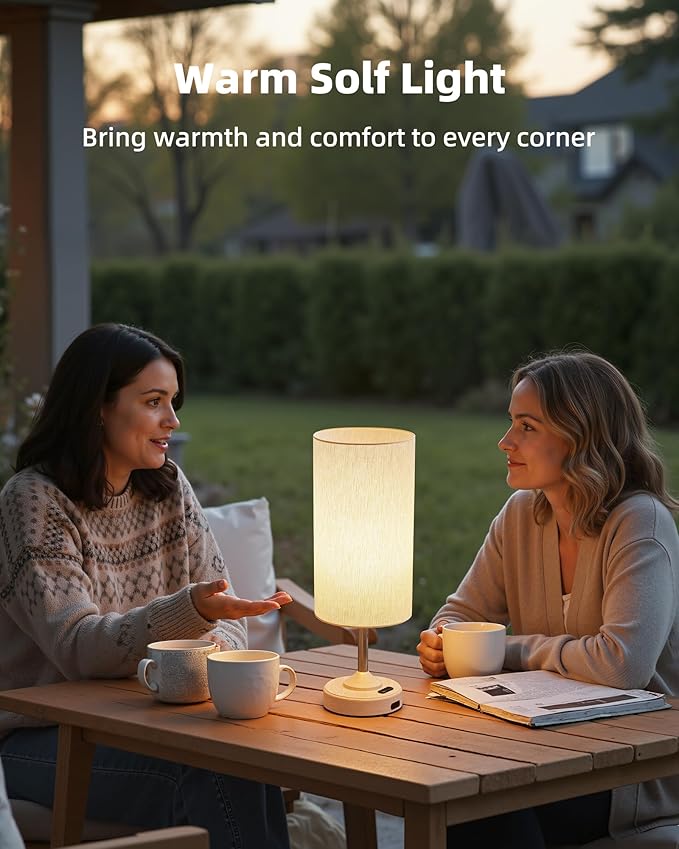 Bedside Table Lamp, Cordless, Dimmable, Touch, Timer, 2700K, Bedroom, Portable, LED, Wireless, Rechargeable, Battery Operated, Desk Lamp, Fabric Shade, Wood-Grain Finish, Living Room, Dining Room