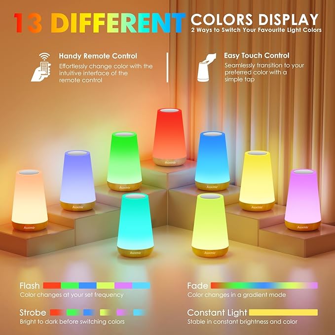 Auxmir LED Night Light 2 Pack Bedside Lamp Touch and Remote Control Dimmable Tabletop 13 RGB Colors Changing 5 Brightness Adjustable Rechargeable Portable Lamp for Baby Kids Nursery Bedroom Outdoor