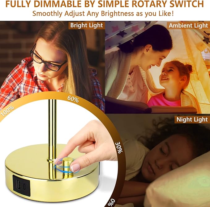 HiBay 17.75" H Dimmable LED Bedside Table Lamps Set of 2with USB Charging Ports & AC Outlet, Modern Gold Nightstand Lights for Bedroom, Office, Living Room, Kids Room, E26 Bulb Included