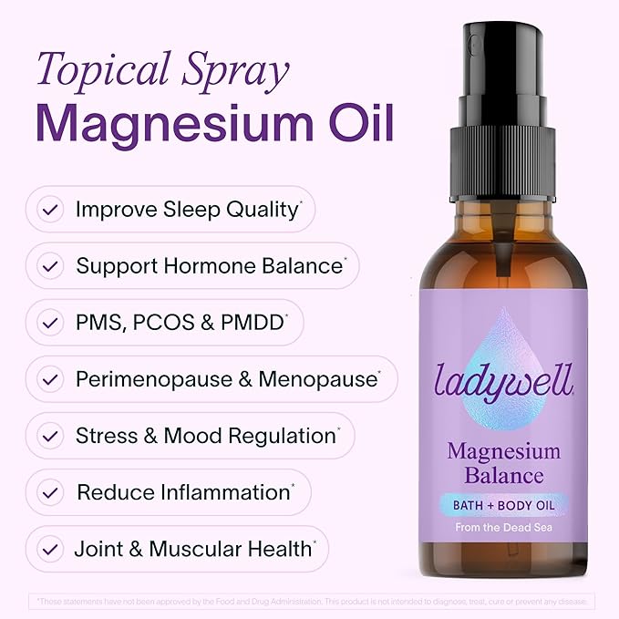 Ladywell Topical Magnesium Oil Spray | Mood, Cycle & Stress Support | PMS, PCOS, Fertility, Menopause, Hormone Balance, Cramps | Pure Magnesium Chloride, Science-Backed | Rapid Skin Absorption