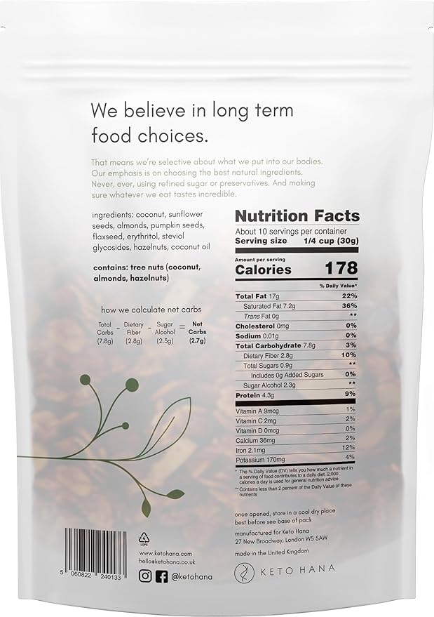 Keto Hana Keto Nut Granola (11oz), Coconut & Almond Plant Based- Low Carb, Low Calorie, High Protein (2g Net Carbs) (Pack of 2)