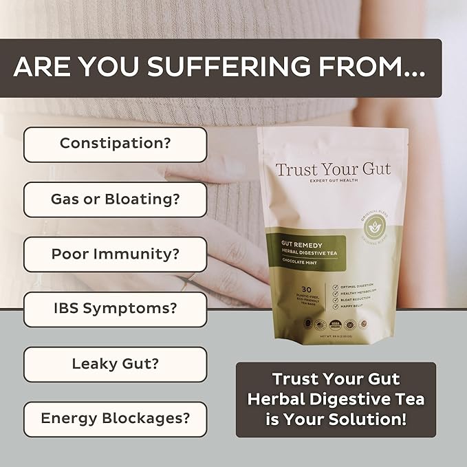 Trust Your Gut Organic Herbal Tea Blend with Lemon Balm, Holy Basil, Dandelion, Ginger Root – Liver Detox, Digestion & Gut Health Support, Gas Bloating Relief – Chocolate Mint, 30 Bags
