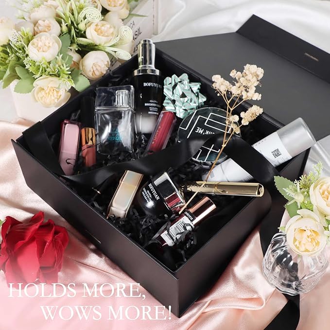 Black Gift Box with Ribbon Magnetic Lids 10.2x9x3.74 in, Bridesmaid Groomsman Proposal Boxes, Wedding Graduation Storage Box 5 Pack