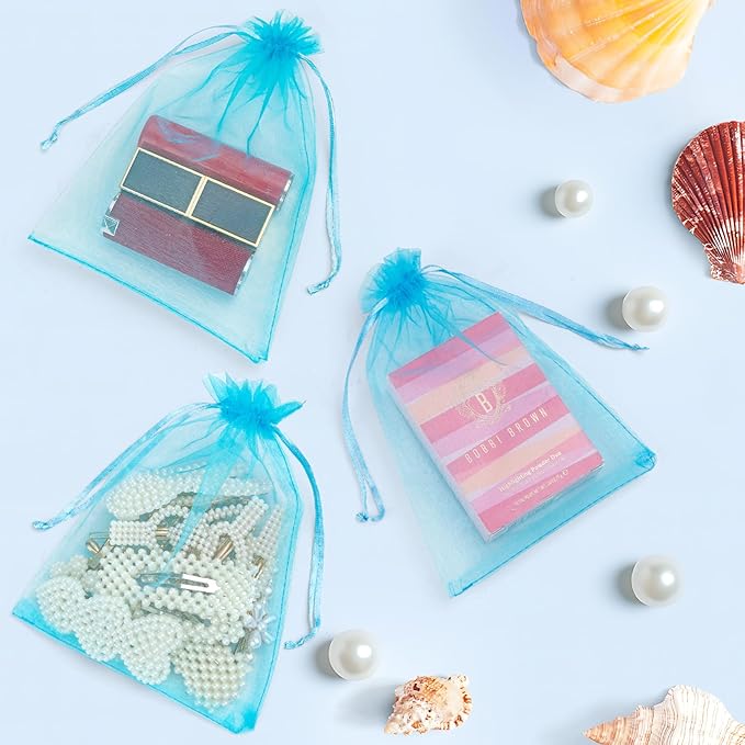 ANZNKU 100 Pack Organza Bags 5x7 Inch, Mesh Bag Drawstring Mesh Gift Bags Packaging Bag for Baby Shower, Party Favors(Lake Blue)