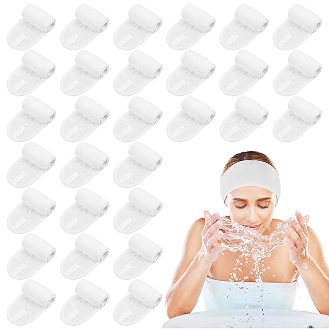 30Pcs Spa Headband Facial Esthetician Hair Wrap for Women Adjustable Makeup Head Wrap Hair Towel Wraps White