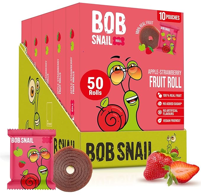 Bob Snail Fruit Roll Ups – Healthy Sweets Snacks, Real Dried Fruits, No Added Sugar, Vegan, Nut Free, Candy for Adults, Kids, with – Bulk 50 pcs Rolls, 500g (Apple Strawberry)
