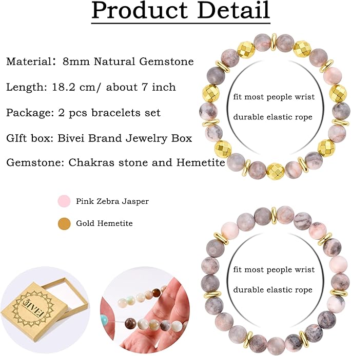 Bivei Natural Gemstone Semi Precious Healing Crystals Handmade Stretchy Round Beads Bracelet, Enhance Positive Energy