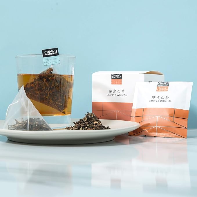 ChaWuWarmSun ChenPi & White Tea Bags,16 Tea bags,8 Count/Box(Pack of 2),3 Years Old ChenPi with ShouMei White Tea Loose Leaf