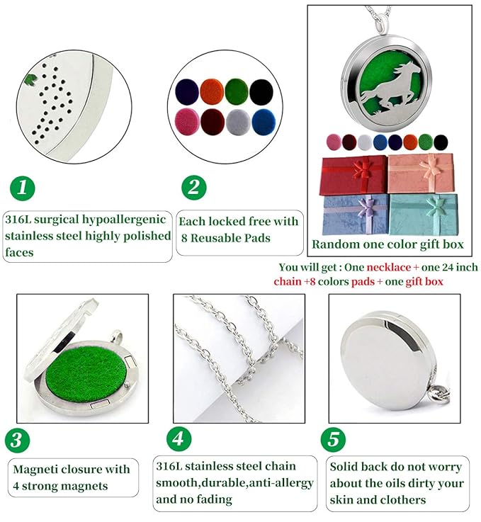 Essential Oil Diffuser Necklace,Perfume Stainless Steel Aromatherapy Horse Locket Pendant with 24" Chain & 8 Pads, Birthday Christmas Jewelry Gift for Women Men