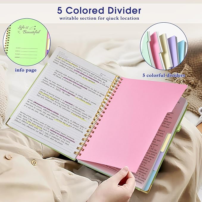 Hardcover Spiral Notebooks for Work, 5 Subject Notebook College Ruled with Dividers Tabs, Lined Organizer Notebook Journal for women, 8"x10" Large B5 Notebooks for School Note taking, 240 Pages Purple