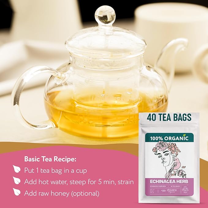 Echinacea Tea Organic (40 Tea Bags) - 100% Pure Natural Immunity Support - Equinacea Organica - Herbal Infusion - Caffeine-Free