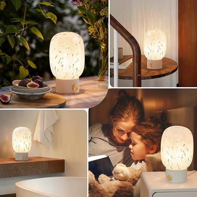 ONEWISH Table Lamp for Bedroom Nightstand,Bedside Lamp Translucent Glass Stepless Dimmable,Vintage Glass Lamp Murano Aesthetic Home Decor with Bulb for Living Room Kitchen Mother's Day