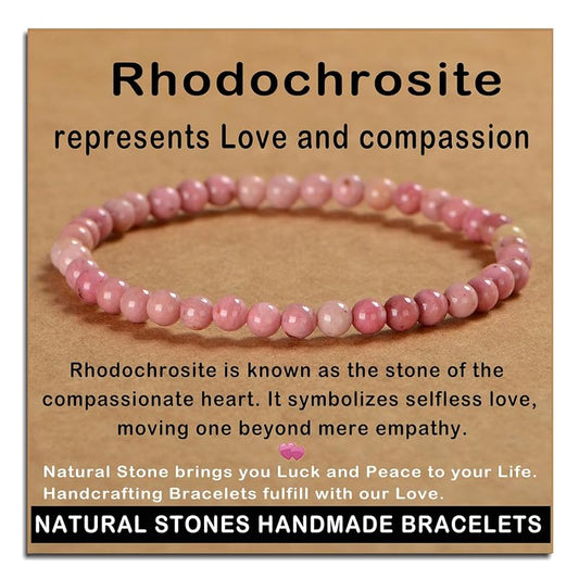 AD Beads Handmade Gemstone Stretch Elastic Bracelet Crystal Healing Reiki Nature's Beauty and Spiritual Essence Unisex (4mm, Rhodochrosite)