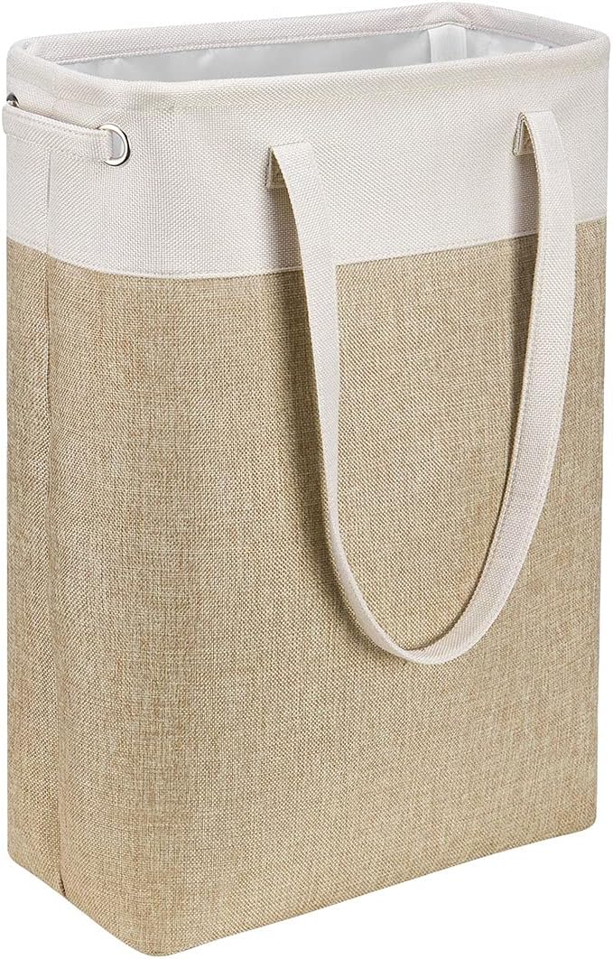 i BKGOO Laundry Basket with Handles Beige&Khaki-Slim Laundry Bin Collapsible Dirty Clothes Basket Narrow Laundry Bag Foldable Dirty Hamper for Camping, Dorms, Apartments