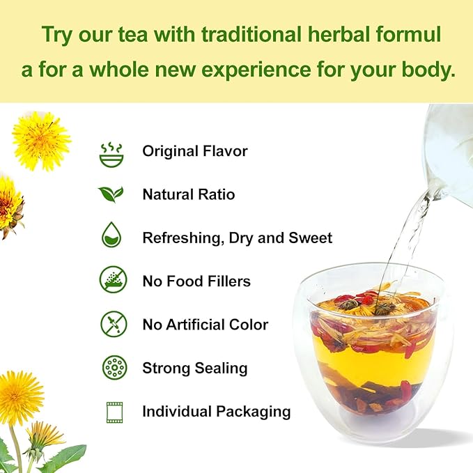 Dandelion Wolfberry Tea, Kidneys & Liver Health Tea with Seven Herbal Ingredients, Chinese Wolfberry Tea Bags 120g/12pcs (2Bags(24pcs))