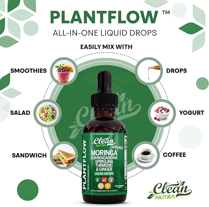 Clean Nutra Moringa Supplement Drops Ashwagandha Spirulina Chlorella Turmeric & Ginger Liquid Barley Grass with Chlorophyll Blue Green Algae Vitamin C Antioxidant Holy Basil Ceylon Cinnamon PlantFlow
