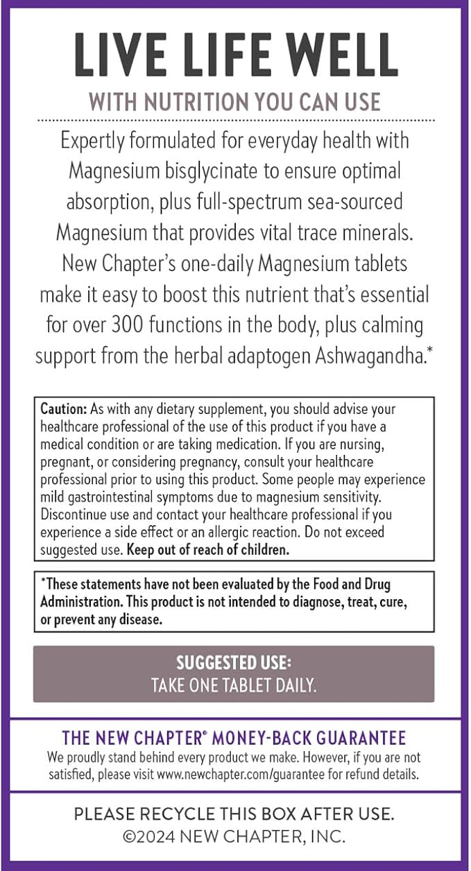 New Chapter Magnesium + Ashwagandha Supplement, 325 mg with Magnesium Glycinate for Muscle Relaxation & Recovery, Heart, Nerve & Bone Health, 2.5X Absorption, Non-GMO - 90 ct (3 Month Supply)
