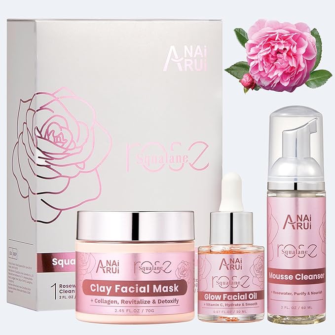 ANAiRUi Rose Skincare Gift Set, Christmas Gift for Women, Facial Skincare Kit for Women, Rose & Squalane Face wash and Moisturizer Set with Clay Mask, Face Cleanser and Facial Oil, Purify, Hydrate