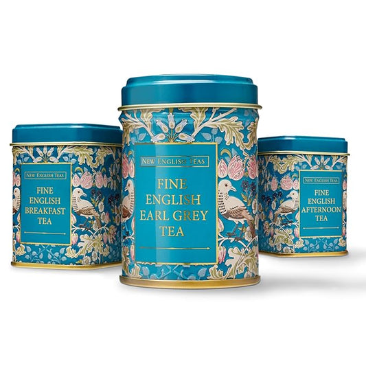 New English Teas 3x Song Thrush and Berries Mini Tea Tins with Loose English Tea - English Breakfast, Earl Grey and English Afternoon Blends