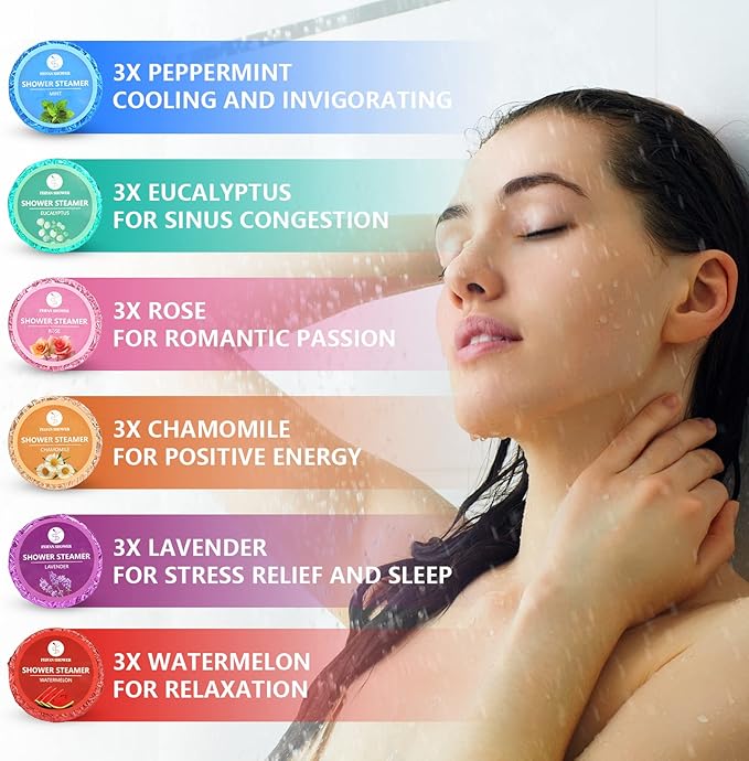 Shower Steamers Aromatherapy, 18-Pack Shower Bombs Christmas Stocking Stuffers for Teen Girls Women Wife, Organic Eucalyptus Mint Rose Lavender Chamomile Watermelon Essential Oil, White Elephant Gifts
