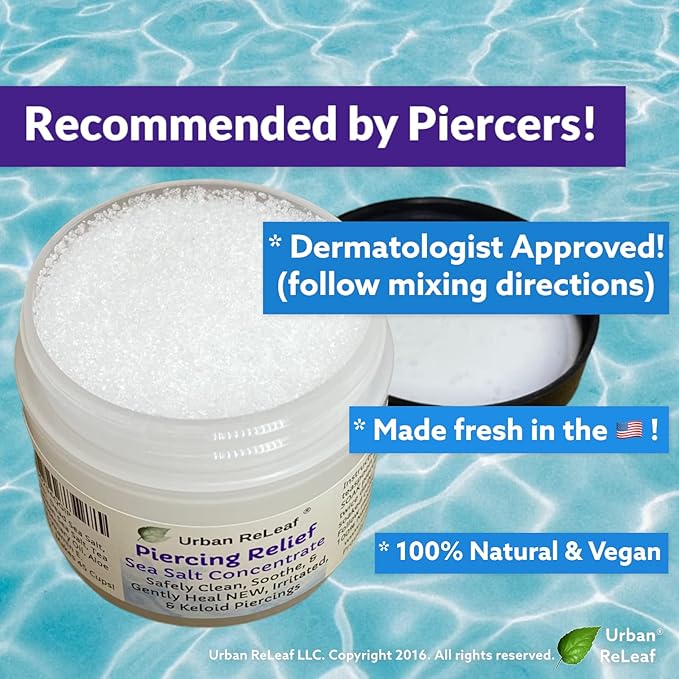 Urban ReLeaf PIERCING RELIEF Sea Salt Concentrate AFTERCARE ! Safely Clean, Soothe & Gently Calm New Irritated & Keloid Bump Piercings. Effective NON-iodized Dead Sea Salt, Tea Tree Rosemary