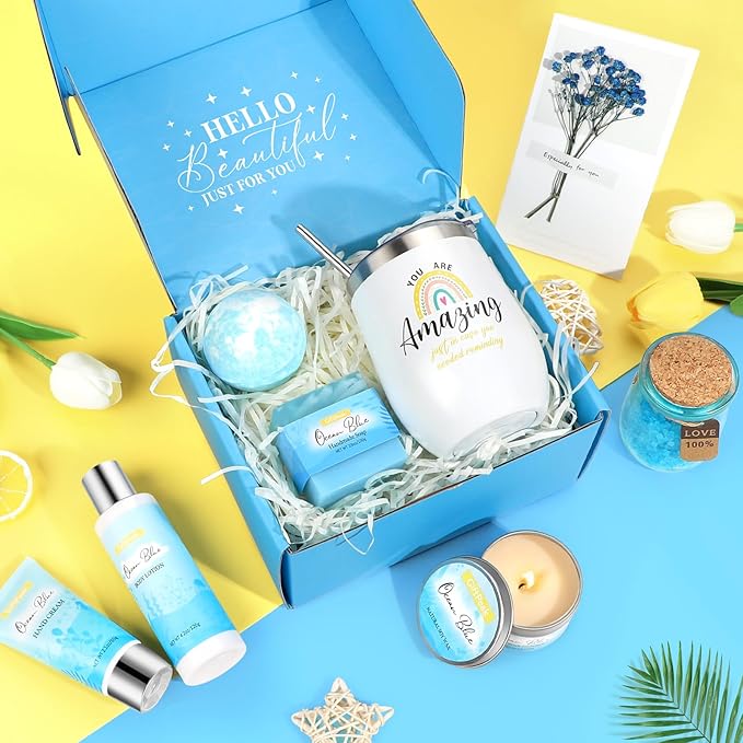 Birthday Gifts for Women, Ocean Scented Relaxing Spa Gift Baskets for Women Mom Her Wife Sister Friends Coworker Employee, Self Care Bath and Body Gift Set for Mother's Day Birthday Inspirational Gift
