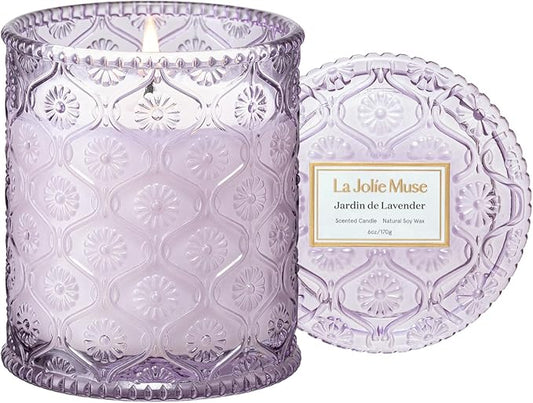 LA JOLIE MUSE Jardin de Lavender Scented Candle - Coconut, Lavender & Sandalwood | 6 oz Natural Soy Wax | 40 Hours Clean Burn | Aromatherapy Candle for Relaxation | Elegant Home Decor