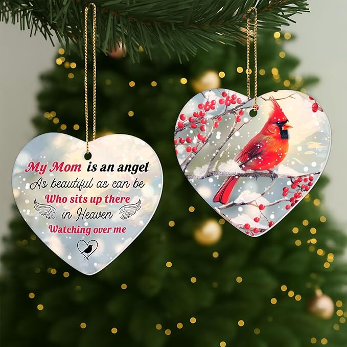 34HD Gifts for Christmas, Cardinal Christmas Ornament Ceramic Heart-Shapped, Cardinal Memorial Gifts, Christmas Decorations for Trees