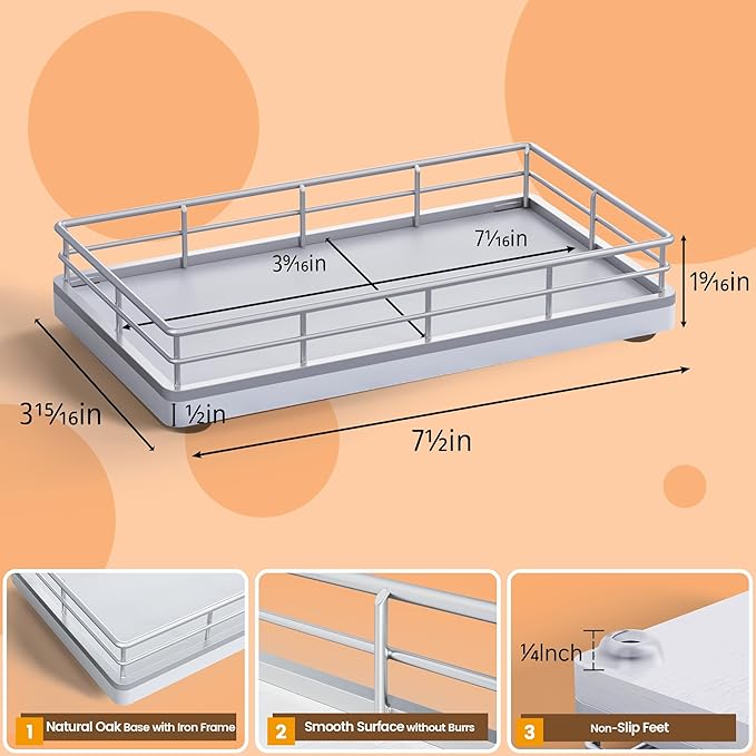 Bathroom Tray for Counter, Oak Wooden 7.5" L Vanity Tray for Jewelry Soap Cologne Organizer for Men Decorative Decor Silver