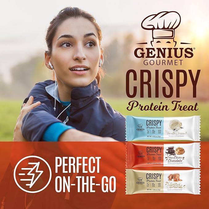 Genius Gourmet Crispy Protein Treat, Chocolate Peanut Butter, Keto Snack, Low Carb, Low Sugar & Gluten Free, Protein Snacks for Adults, 10G of Whey Protein per Protein Bar, 5 Net Carbs, 10 CT