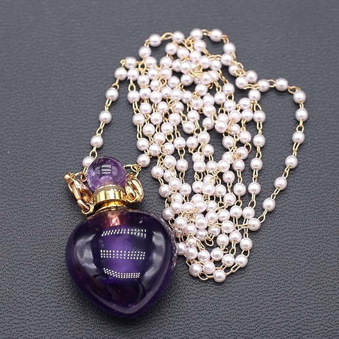 1pcs Natural Amethyst Stone Perfume Bottle Pendant Pearl Bead Chain Rectangle Heart Necklace for Women Jewelry Free Accessory Glasses