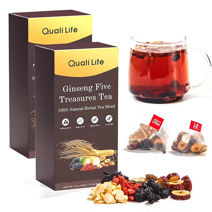 Ginseng Five Treasures Kidney Tea, Traditional Chinese Herbal TeaBags, Natural Kidney Cleanse Detox Tea for Women & Men, 7 Precious Ingredients Formula Chinese Herbal Tea (2 Packs, Ginseng)