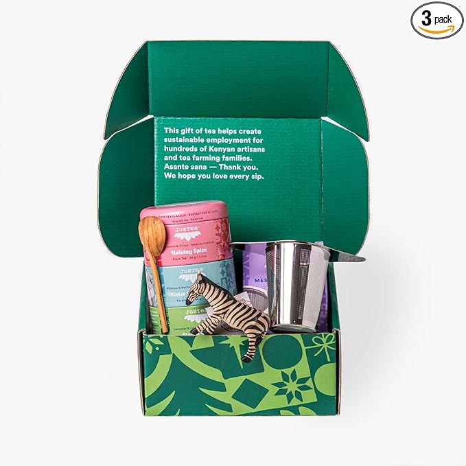 JusTea Holiday Tea Gift Box | Holiday Trio with Hand Carved Tea Spoon & Infuser Steeper Strainer | Loose Leaf | Variable Caffeine | Award-Winning | Fair Trade | Non-GMO