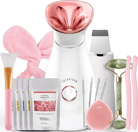 Colorfarm Facial Steamer Nano Ionic: Face Steamer Home Spa Kit Deep Cleaning Unclogs Pores Sinuses Inhaler with 8 Skin Care Tools - Self Care Gifts for Women (Deep Cleansing Facial Kit)
