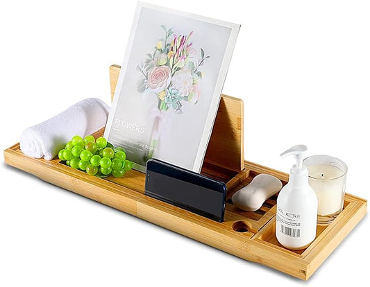 Foldable Bathtub Caddy Tray, Bamboo Bath Tub Tray Table for Tub with Wine Glass Holder Book Phone Tablet Holder with Extending Sides, Adjustable Bathroom Bathtub Free Soap Holder Gift Idea (Pink)