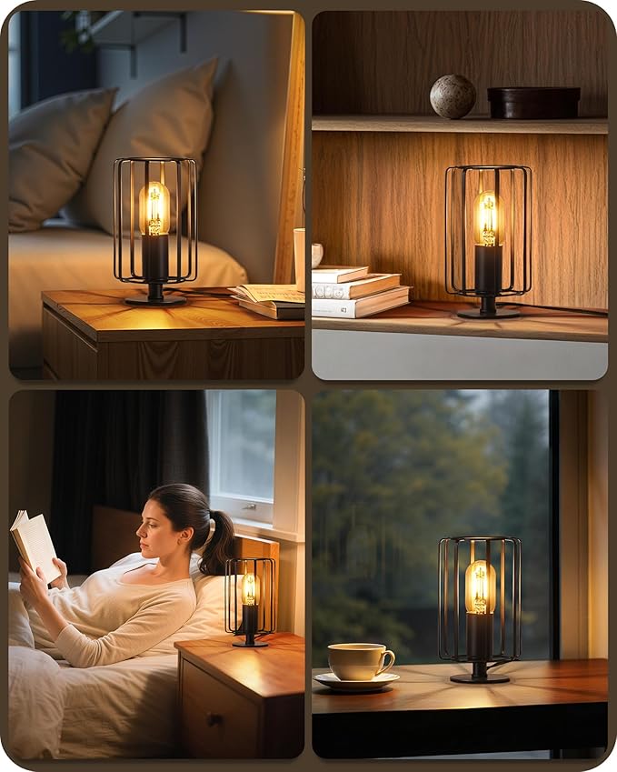 Industrial Small Table Lamp, Small Bedside Lamp with Dimmable 2400K Warm Light LED Bulb, Vintage Desk Lamp, Black Nightstand Lamp for Bedroom, Study, Office, Small Space, B05TL05
