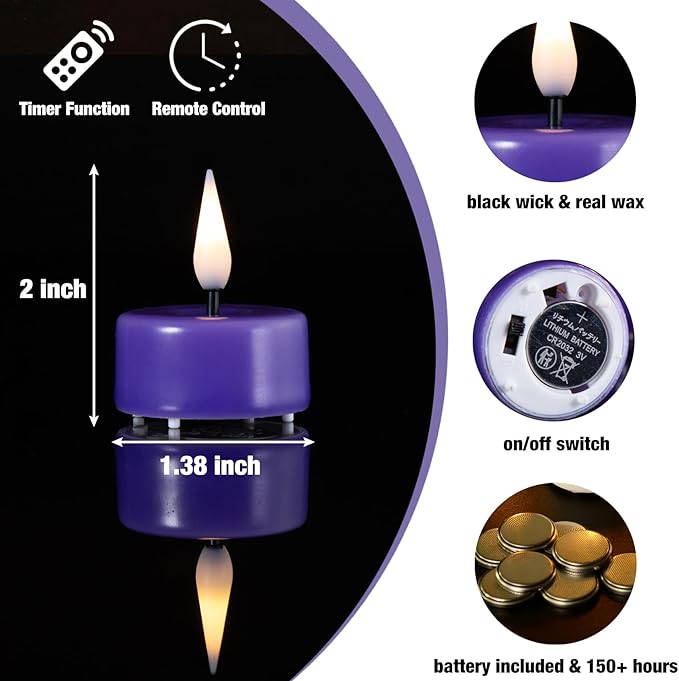 Eywamage Purple Flameless Wax Tealights with Remote Batteries, Flickering Colored LED Tea Votive Candles Set of 10