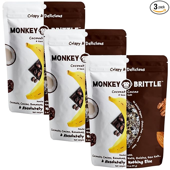 Monkey Brittle Healthy Snacks, Crispy Plant-Based Treats for Kids & Adults, Vegan & Gluten-Free, All-Natural Snack for School, Sports, Camping & On-the-Go (Pack of 3), Cacao Coconut