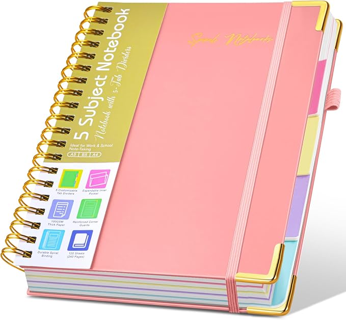 Hardcover Spiral Notebooks for Work, 5 Subject Notebook College Ruled with Dividers Tabs, Lined Organizer Notebook Journal for Women, 240 Pages Small A5 Notebooks for School Note Taking, 5x7 Pink