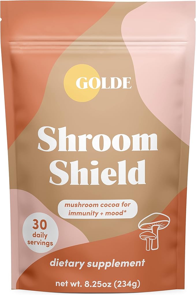 GOLDE Shroom Shield - Plant Based Superfood Blend w/Turkey Tail Mushroom & Reishi Mushroom Extract - Stress Defense - Antioxidants & Prebiotics - Vegan, Keto, & Sugar-Free Hot Cocoa - 30 Servings