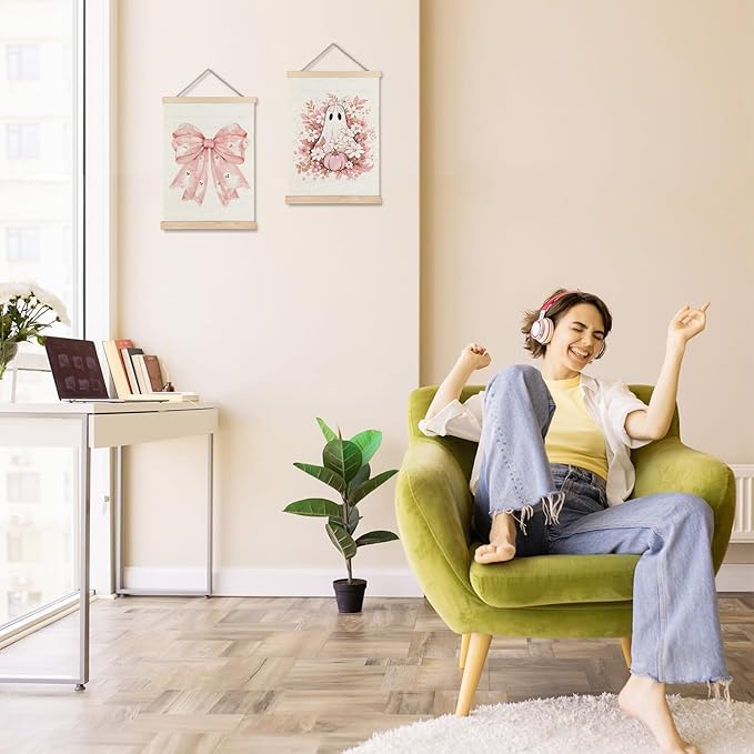 Exqcom Coquette Pink Bow Floral Halloween Ghost Wall Decor Set of 2, Preppy Pink Fall Pumpkin Floral Wall Art Poster, Halloween Ghost Posters for Girly Room Bedroom Dorm Apartment Home, 12x16 Inches