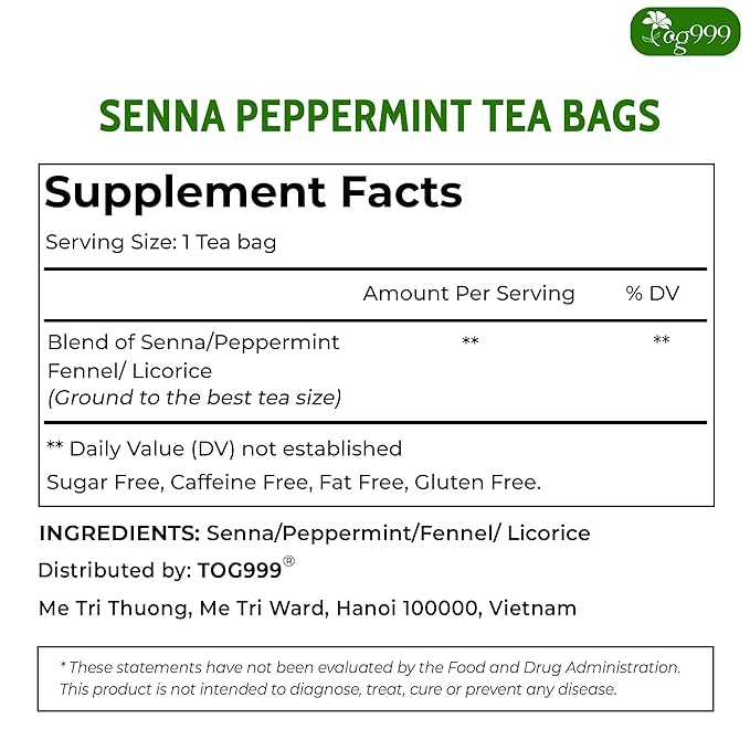TOG999 100 Tea Bags Relieves Constipation Natural Tea, Blend of Senna Leaves - Peppermint - Licorice - Fennel, 100% Natural Ingrendients, Hand-made Herbal Tea, No Sugar, No Caffeine, No Gluten, Vegan.