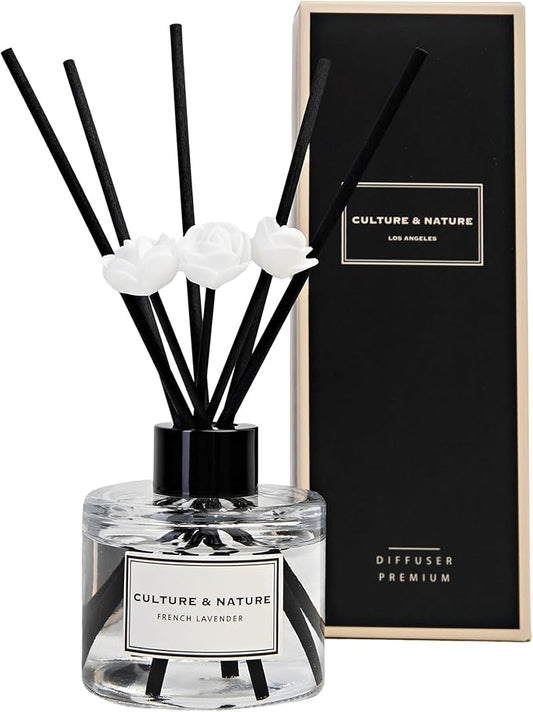 CULTURE & NATURE Reed Diffuser Set 4oz (120ml) French Lavender Scented Diffuser with Sticks Home Fragrance Reed Diffuser for Bathroom Shelf Decor