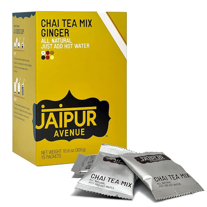 Jaipur Avenue Ginger Chai Tea Mix Crafted with All-Natural Assam Black Tea, Ginger, Cane Sugar, and Premium Dry Milk - Preservative-Free, Gluten-Free, Authentic Indian Chai Tea Latte (15 Servings)