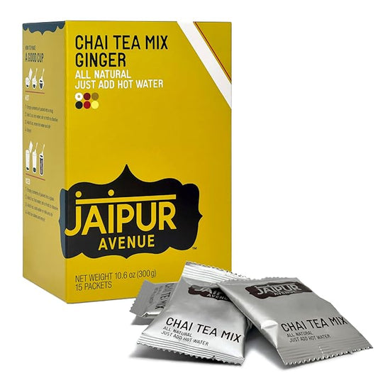 Jaipur Avenue Ginger Chai Tea Mix Crafted with All-Natural Assam Black Tea, Ginger, Cane Sugar, and Premium Dry Milk - Preservative-Free, Gluten-Free, Authentic Indian Chai Tea Latte (15 Servings)