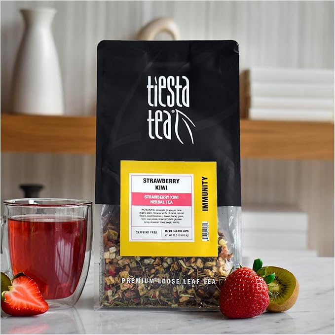 Tiesta Tea - Strawberry Kiwi Herbal Tea, Loose Leaf, Strawberry Hibiscus Kiwi Fruit Tea, Premium Caffeine-Free Herbal Blend, Make Hot or Iced & Up to 200 Cups, 16 oz Resealable Bulk Pouch