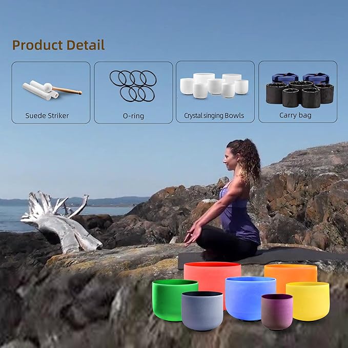 KRESEC 440Hz 6-12 Inch Crystal Singing Bowls Set of 7 – Chakra Tuned Quartz Sound Bowls for Meditation, Yoga, Reiki & Healing with Padded Cases, Suede Mallets & Silicone O-Rings